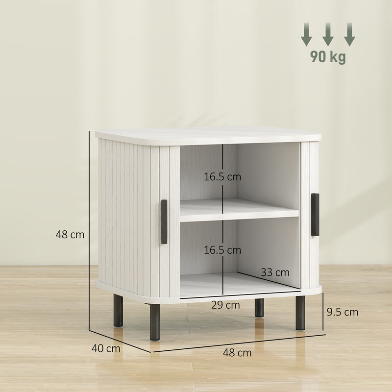 Bedside Table with Sliding Tambour Door, Two Shelves, Black Metal Legs for Organised Bedroom Storage White Wood Effect