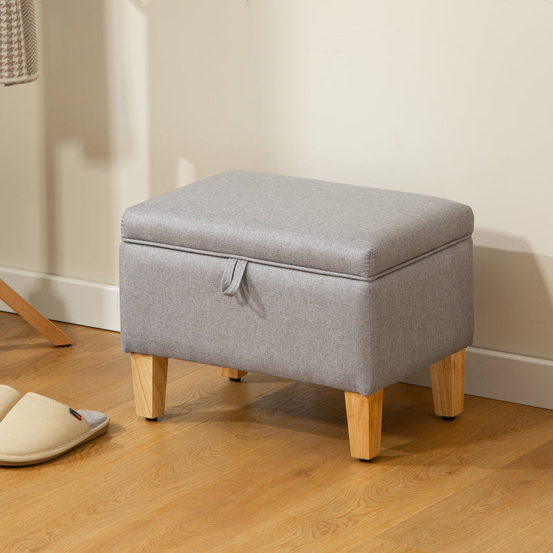 Light Grey Linen Storage Ottoman with Padded Seat and Wooden Legs for Bedroom or Hallway 49W x 33D x 36H cm