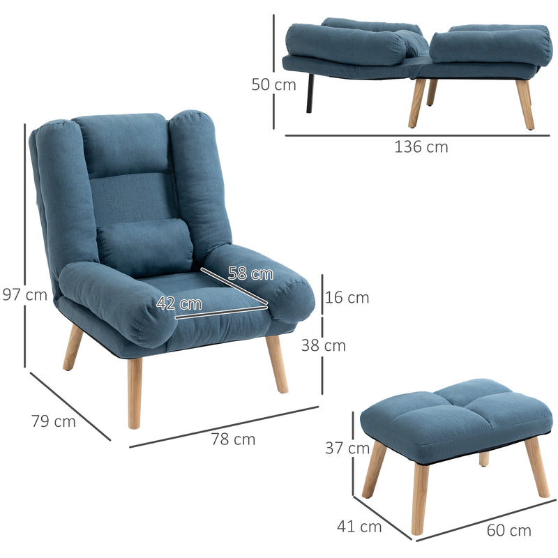 Reclining Armchair With Footstool and Adjustable Backrest For Living Room Comfort Blue