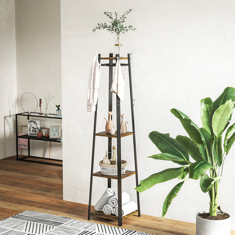 Compact Freestanding Wooden Coat Rack in Black and Brown with Storage Shelf by Homcom