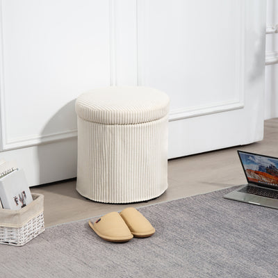 Beige 40cm Round Corduroy Storage Ottoman with Removable Lid and Legs for Living Room or Bedroom by HOMCOM Homcom