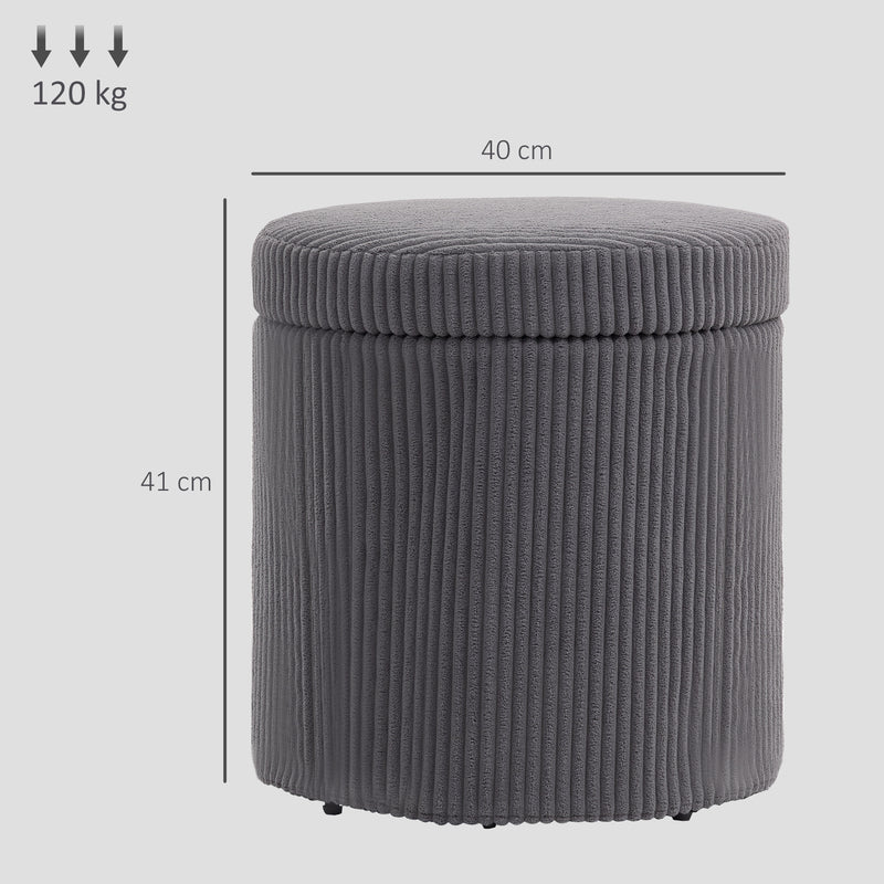 Grey 40cm Round Storage Ottoman Corduroy Footstool with Removable Lid and Legs by HOMCOM