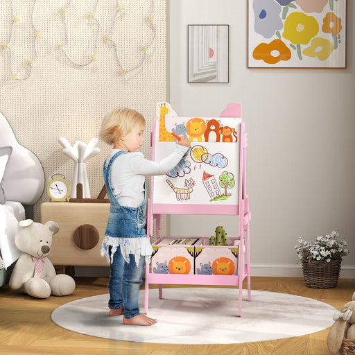 Pink 2 in 1 Kids Easel with Whiteboard Chalkboard and Storage for Ages 3-8 by AIYAPLAY