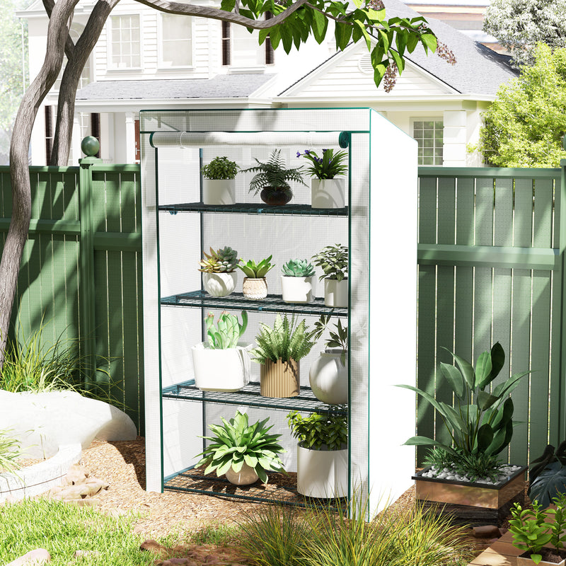 4 Tier Lean-to Mini Greenhouse with Reinforced PE Cover and Roll-Up Door by Outsunny
