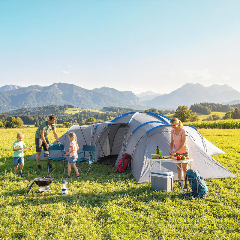 6-9 Person Tunnel Camping Tent With 3 Bedrooms, Living & Porch, Light Grey