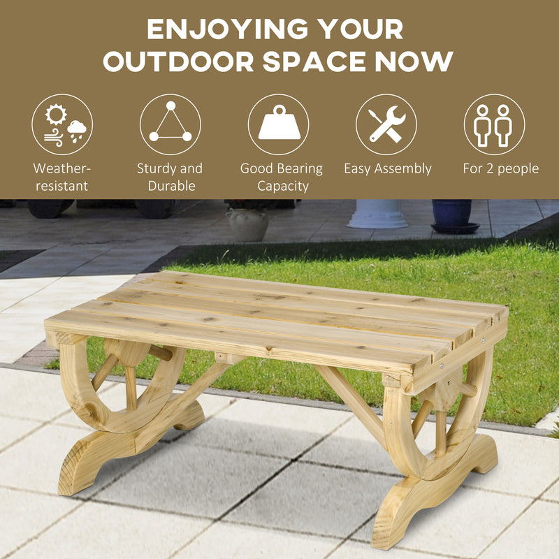 2 Seater Wooden Garden Bench with Rustic Slatted Seat and Decorative Wheel Legs for Patio