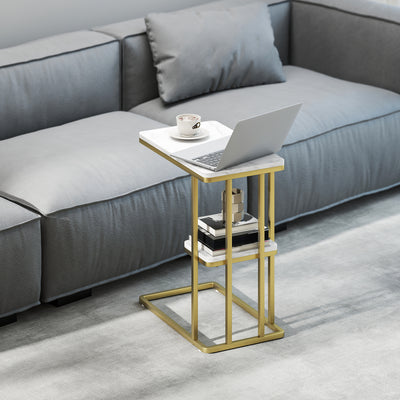 Slim C Shaped Side Table with 2 Tiers for Small Spaces Living Room or Bedroom White Marble Grain
