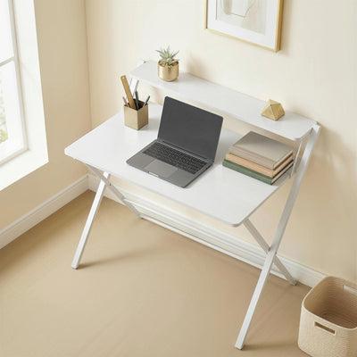 Folding Study Desk with Shelf for Small Spaces and Easy Storage White AOSOM