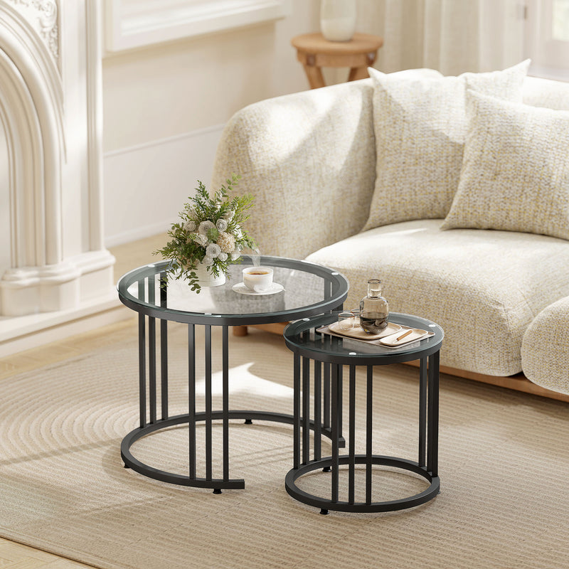 Glass Round Side Tables, Nesting Tables Set for Living Room - Black Metal Frame With Tempered Top
