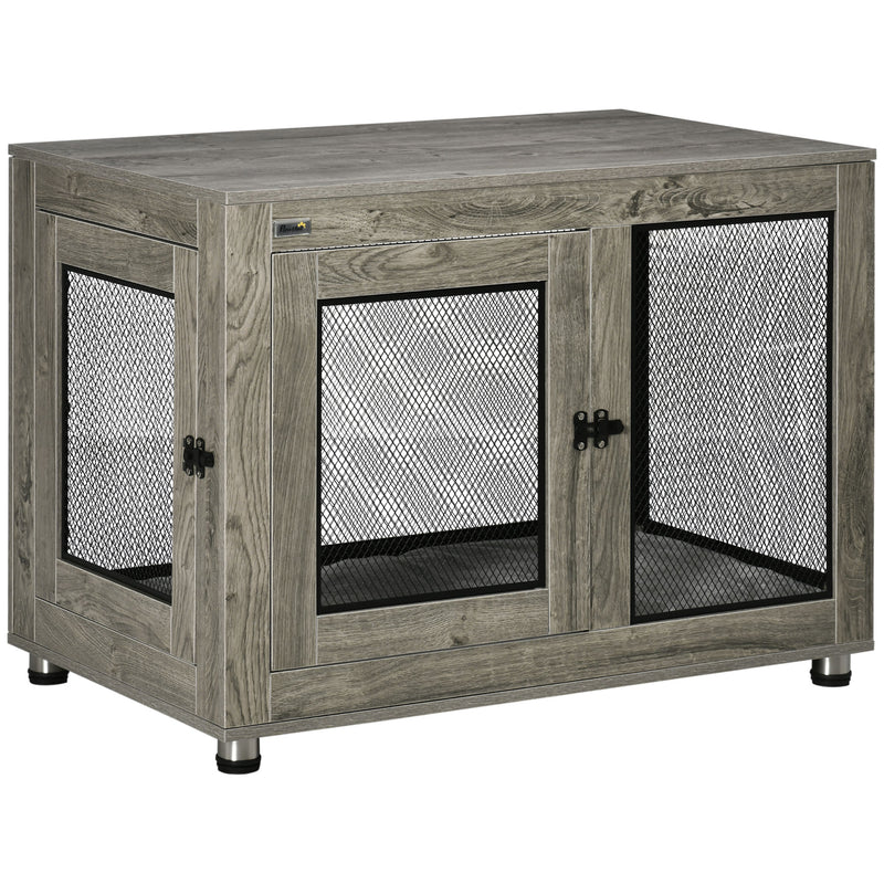 2 in 1 Dog Crate and Side Table with Cushion and Double Doors for Large Dogs Grey