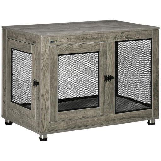 2 in 1 Dog Crate and Side Table with Cushion and Double Doors for Large Dogs Grey