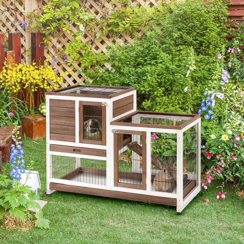 Two Tier Rabbit Hutch with Wheels for Indoor or Outdoor Use Pet Cage, Brown