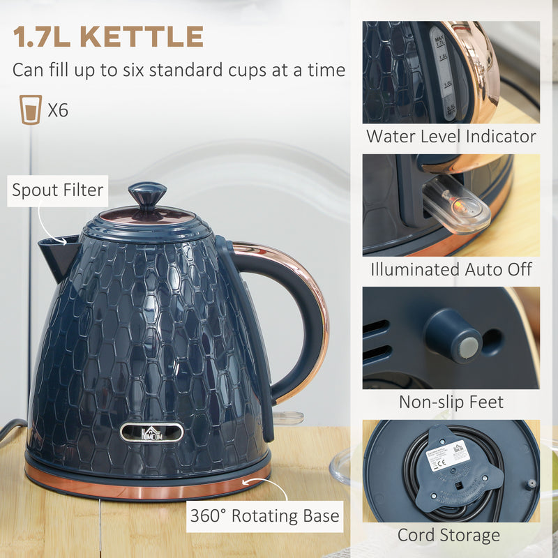 1.7L 3000W Fast Boil Cordless Kettle and 2 Slice Toaster Set with Auto Shut Off Blue by HOMCOM