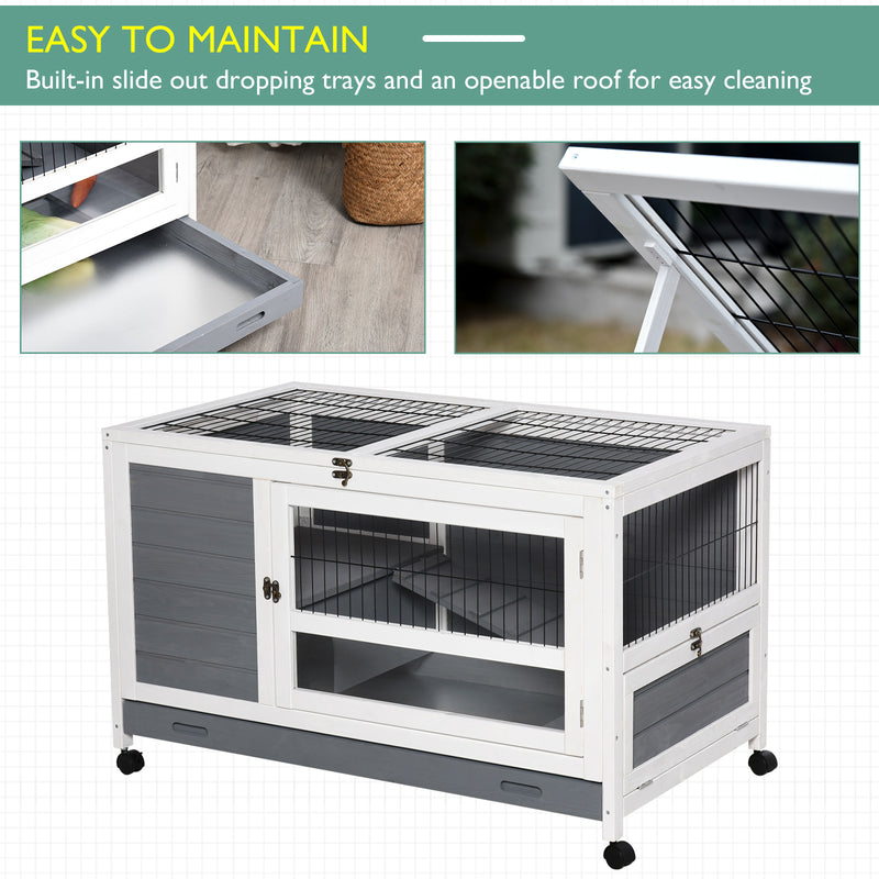 Elevated Wooden Rabbit Hutch with Slide Out Tray for Indoor Use Guinea Pig Cage Grey AOSOM