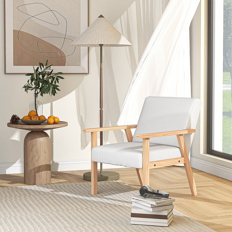 Accent Armchair with Wide Wooden Frame and Thick Linen Seat for Home or Office Cream White