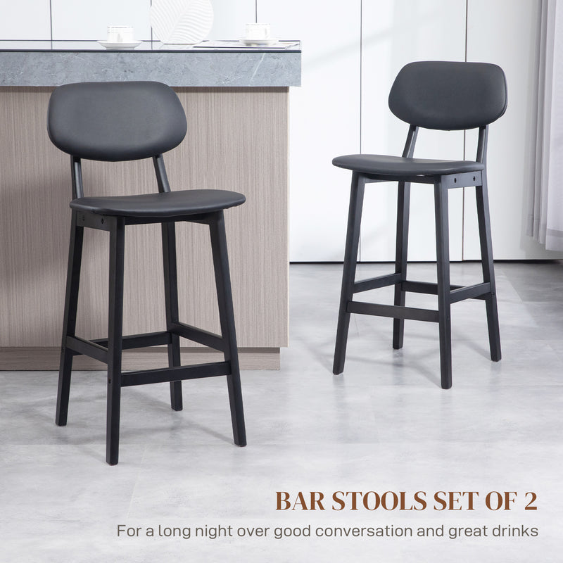 Set of 2 Wooden Bar Stools with Padded Faux Leather Seats Ideal for Kitchen or Home Bar Black
