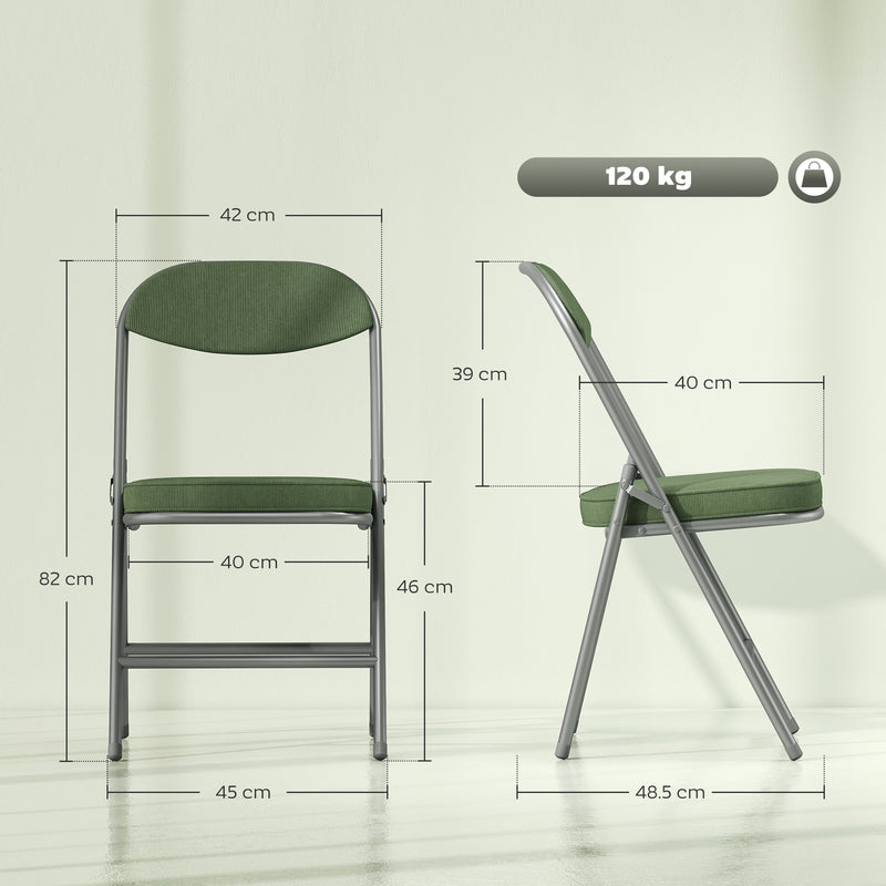 Set of Four Folding Seat Chairs with Soft Corduroy Upholstery for Dining or Guests Green
