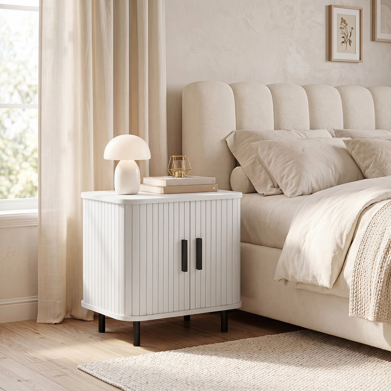 Bedside Table with Sliding Tambour Door, Two Shelves, Black Metal Legs for Organised Bedroom Storage White Wood Effect