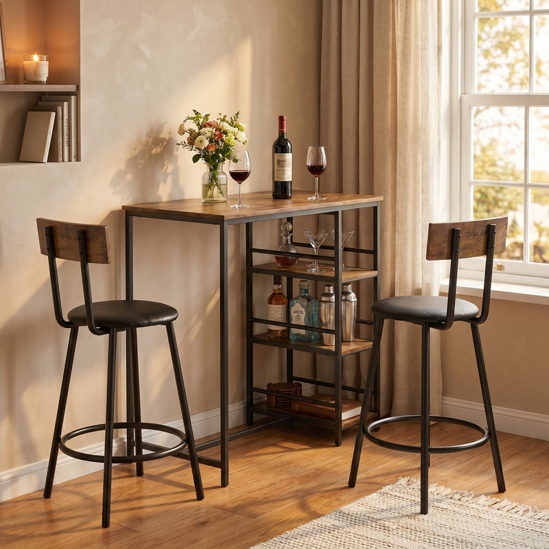 Bar Table Set with Storage Shelves and Space Saving Chairs for Small Dining Areas Rustic Brown