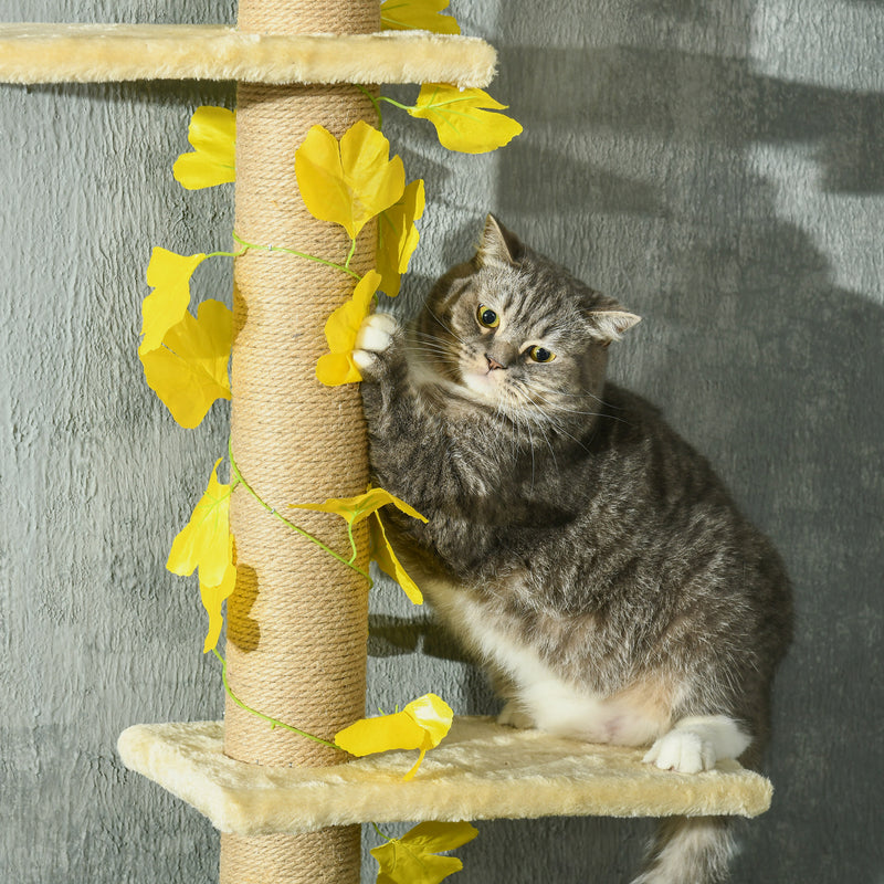 Tall Adjustable Cat Tree with Perches and Faux Leaves for Climbing and Play Yellow