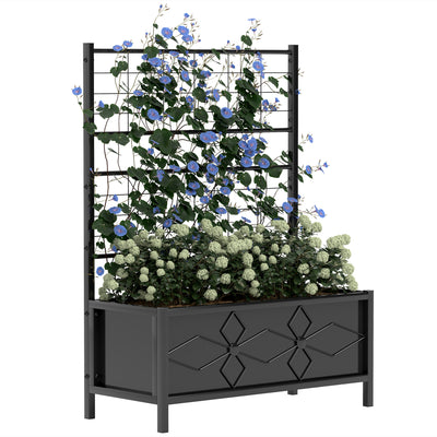 Black Raised Garden Bed with Trellis Galvanised Planter Box with Drainage for Vegetables and Herbs by Outsunny