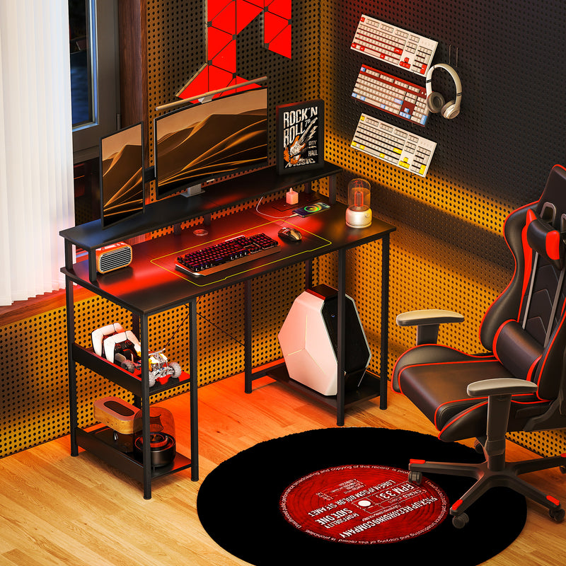 LED Computer Desk with Power Outlets and Storage Shelves Ideal for Home Office, Grey