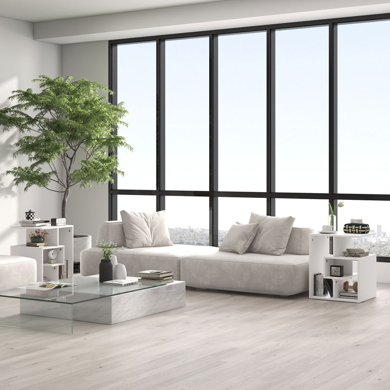 Set of 2 Three Tier Side Tables with Open Storage Shelves for Living Room or Bedroom, White