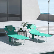 Green Foldable Sun Lounger Set of 2 with Reading Hole and Adjustable Backrest for Garden