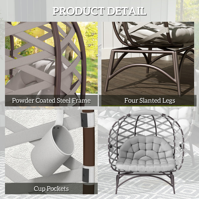 Light Grey 2 Seater Egg Chair Folding Rattan Garden Chair with Cushion and Cup Pockets by Outsunny