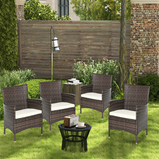 Set of 4 Brown Rattan Garden Dining Chair Set With Cream Cushions Ideal For Patio Or Outdoor Lounging