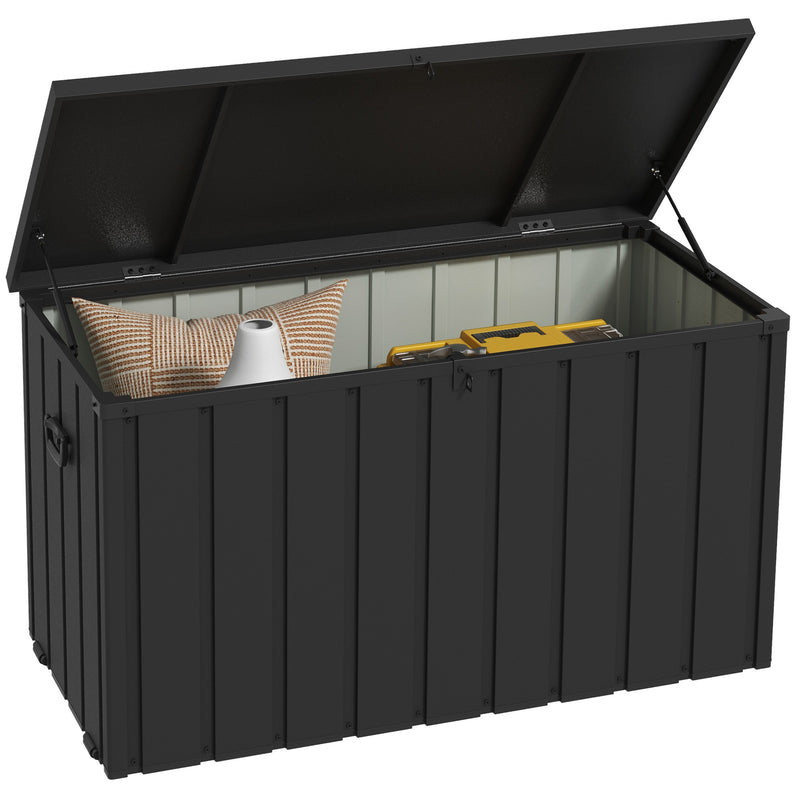 450L Garden Storage Box with Wheels Easy Access Galvanised Steel Outdoor Chest, Dark Grey