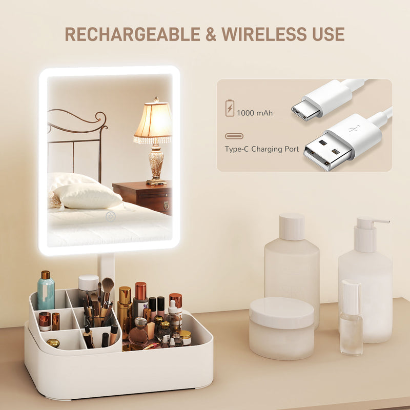Rechargeable LED Makeup Vanity Mirror with Touch Controls and 180 Degree Rotation White AOSOM