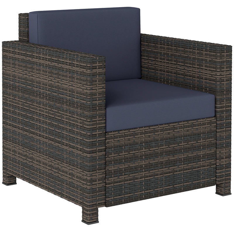Rattan Garden Armchair With Thick Padded Cushion For Outdoor Relaxing Mixed Brown Navy Blue AOSOM