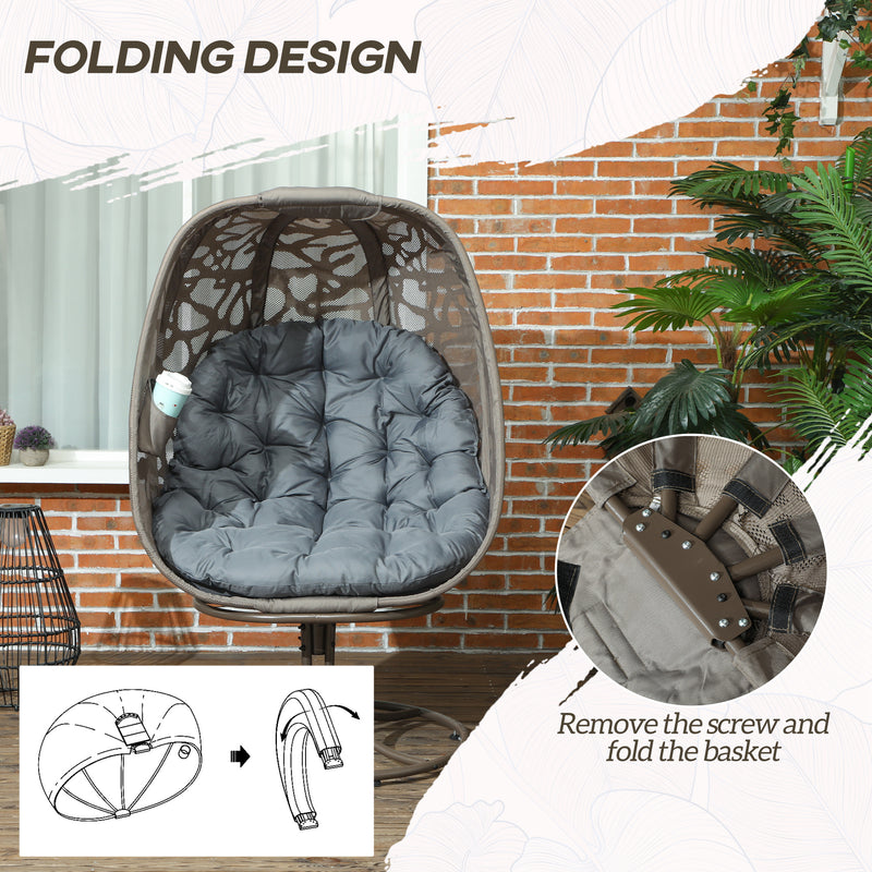 Grey Swivel Egg Chair with Cushions Foldable Basket Seat and Metal Frame for Indoor Outdoor Use by Outsunny