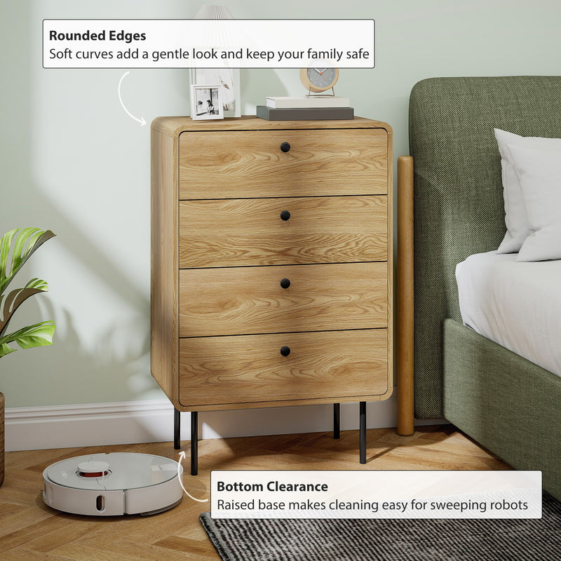 Modern Chest of 4 Drawers for Bedroom Storage with Sleek Design With Curved Edges, Oak Effect
