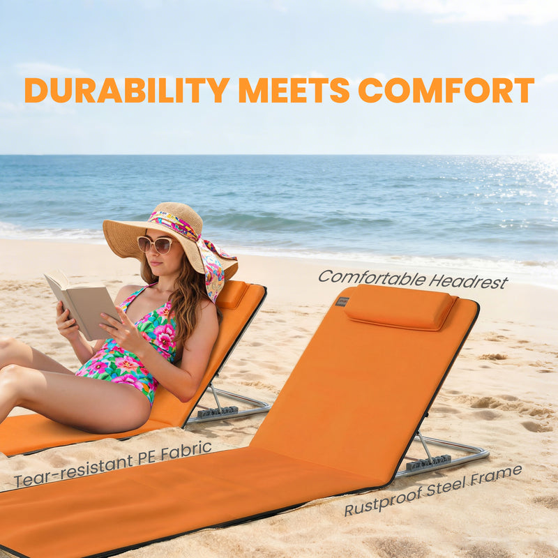 Folding Beach Chairs Set of 2 with Adjustable Backrest and Carry Bag, Orange Outsunny