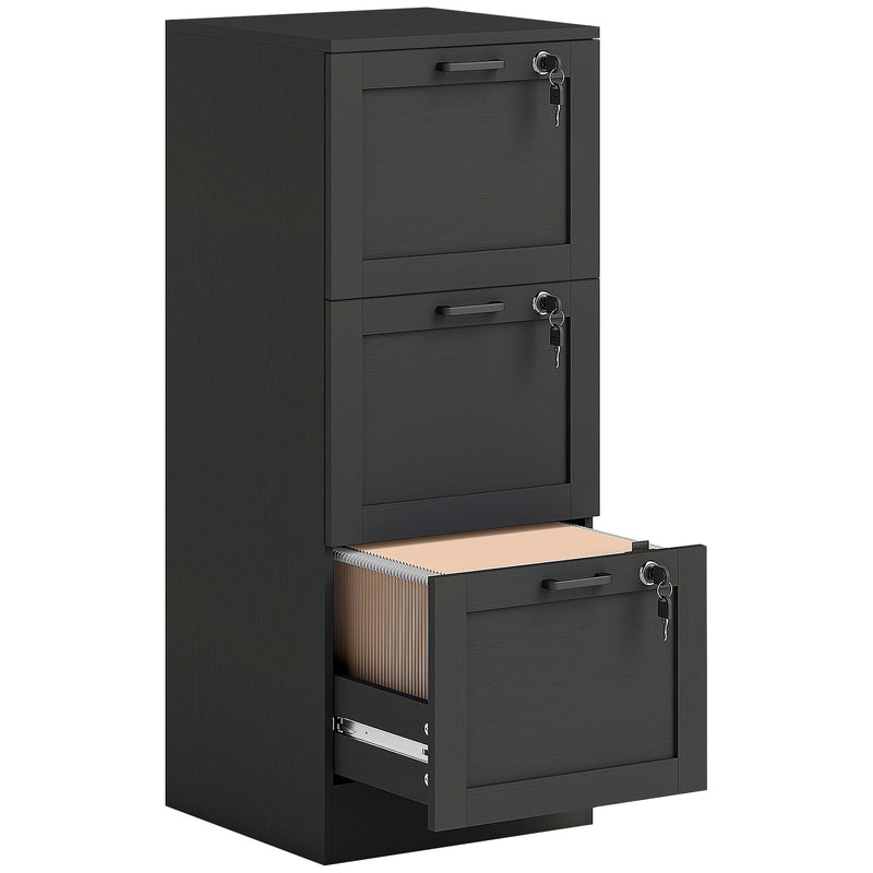 Black Lockable 3 Drawer Office Filing Cabinet With Smooth Rolling Wheels For Home Office 40W x 40D x 101H cm