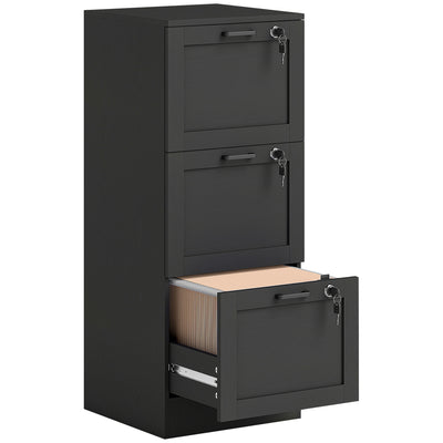 Black Lockable 3 Drawer Office Filing Cabinet With Smooth Rolling Wheels For Home Office 40W x 40D x 101H cm Homcom