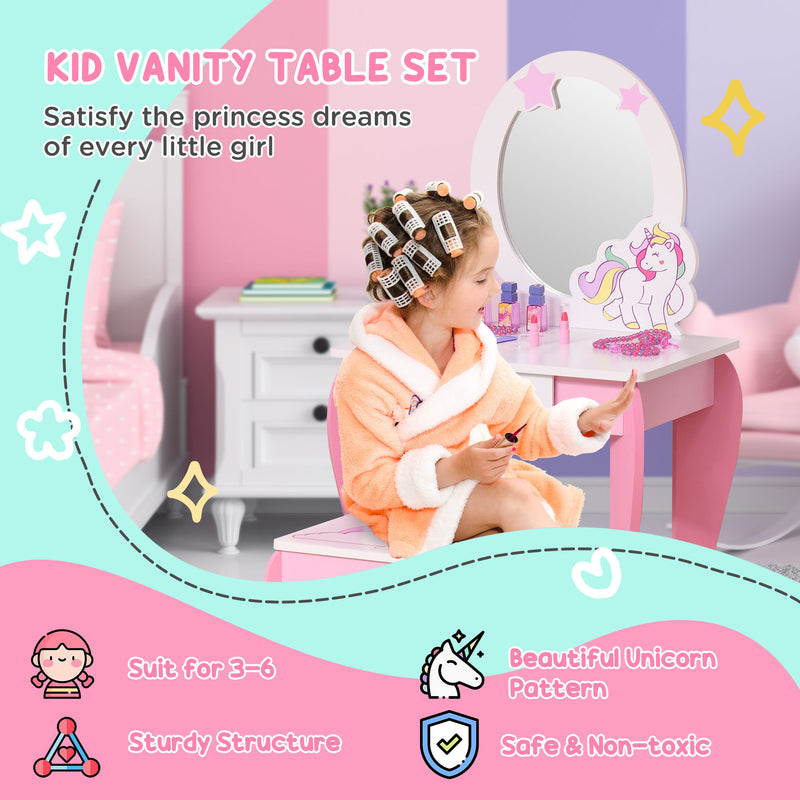 Kids Dressing Table Set with Mirror and Stool for Bedroom or Playroom, Pink