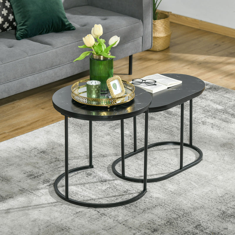 Set of 2 Marble Effect Nesting Tables Black and White Space Saving Design by HOMCOM