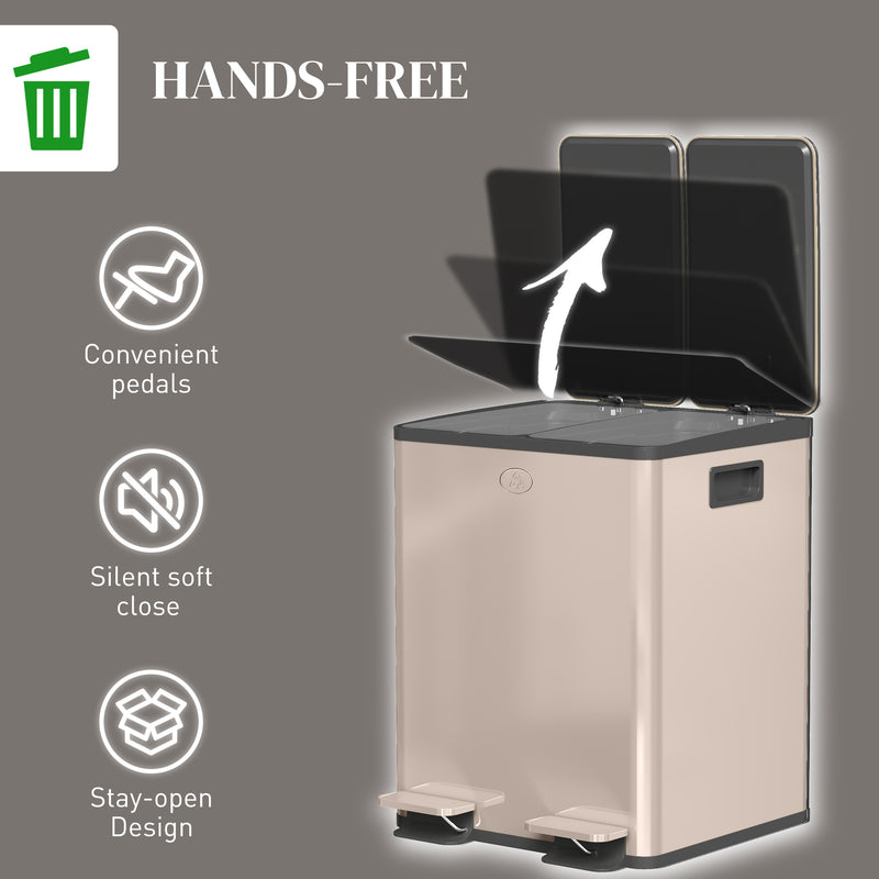 40L Dual Compartment Stainless Steel Bin with Deodoriser Holders Gold Tone by HOMCOM