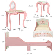 Kids Toddler Bed Frame and Dressing Table Set with Mirror and Stool for Ages 3 to 6 Pink AOSOM