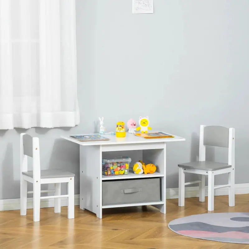 Kids Table and Chairs Set, Storage, 3-Pc, 2-4 Years, White Homcom