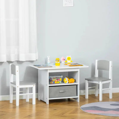 Kids Table and Chairs Set, Storage, 3-Pc, 2-4 Years, White Homcom