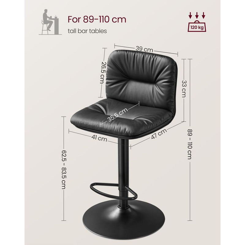 Vasagle Kitchen Counter Stools With Backs - Black PU leather with sturdy base, height adjustable, swivel