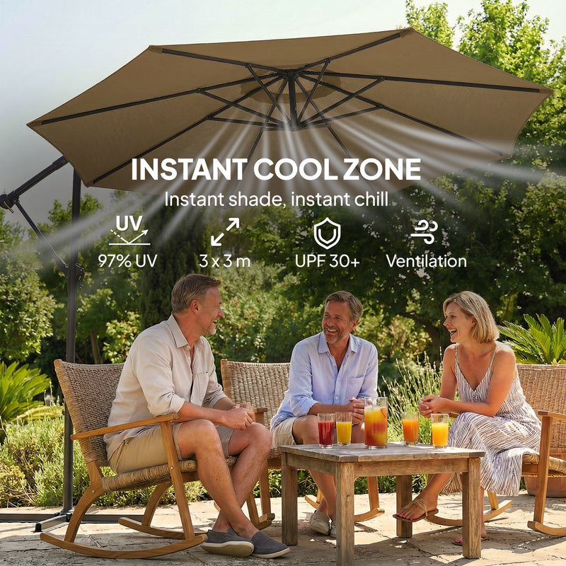Garden Cantilever Parasol With Adjustable Shade and Base for Patio Comfort, Khaki (Cover Included)