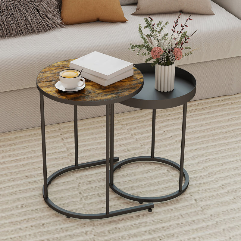 Set of 2 Round Nesting Side Tables with Space Saving Design for Living Room Rustic Brown