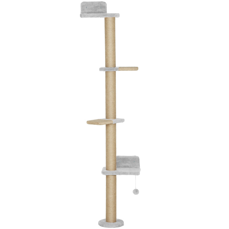 Wall Mounted Cat Climbing Shelves With Scratching Post and Toy Ball 180cm Tall For Indoor Catshi, Light Grey