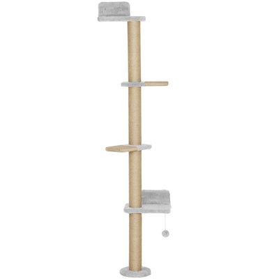 Wall Mounted Cat Climbing Shelves With Scratching Post and Toy Ball 180cm Tall For Indoor Catshi, Light Grey PawHut