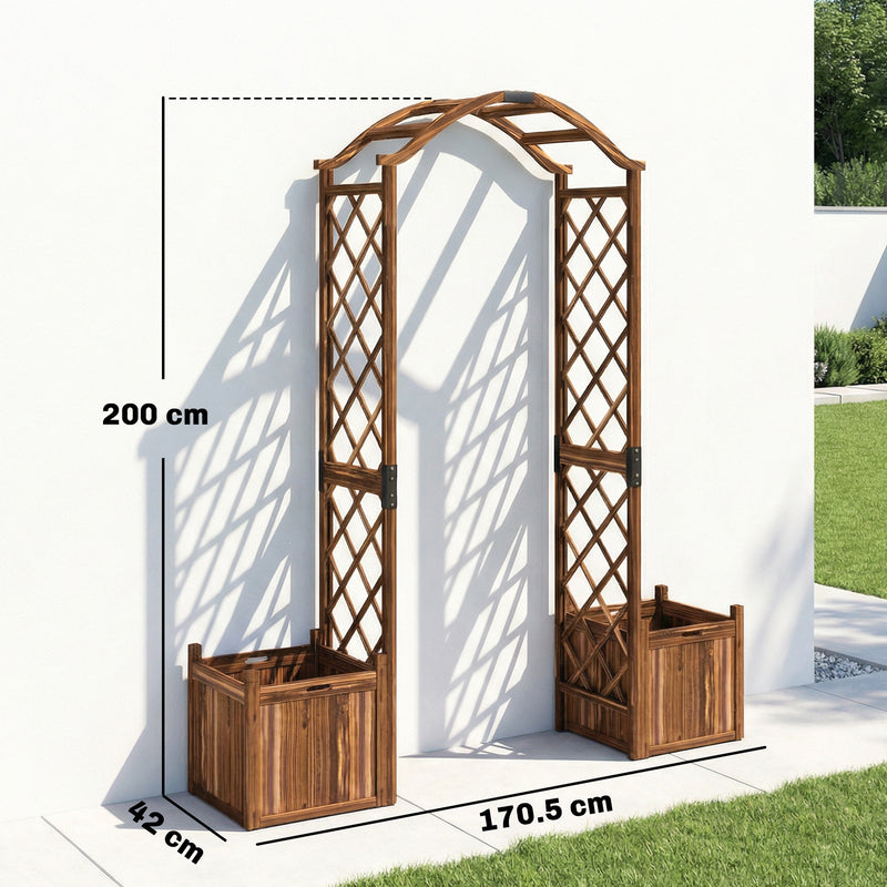 Wooden Garden Arch with Planter Boxes and Trellis Sides for Climbing Plants Carbonised